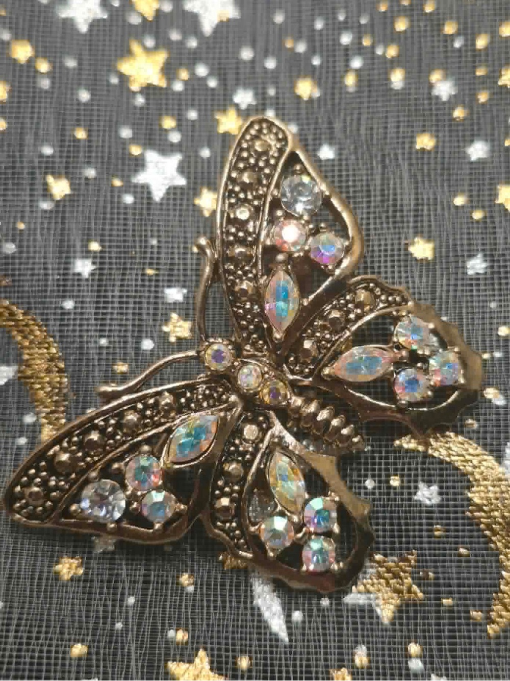 Beautiful Vintage Butterfly Brooch Aurora Borealis Rhinestones on Gold Tone Pin